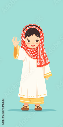 Happy Girl in Traditional Dress Waving, Summer Day