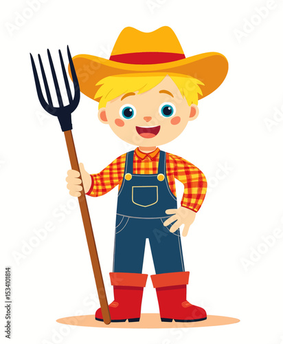 Happy Farmer Boy with Pitchfork in Autumn Attire