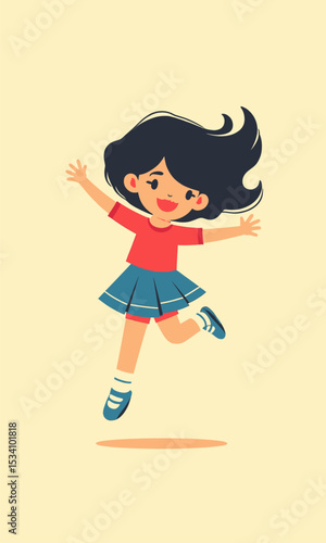 Happy Girl Jumping in Mid-Air, Wearing Red Shirt and Blue Skirt, Joyful Expression, Light Background with Sparkles, Energetic Mood