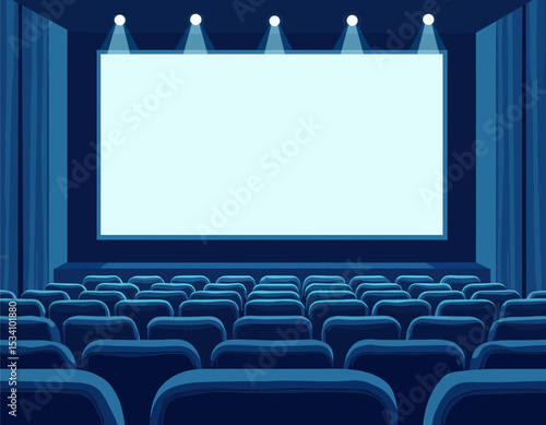 Illuminated Cinema Screen in Empty Theater with Blue Seats