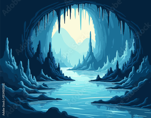 Ice-Capped Cave Lake: Winter Serenity in Frozen Caverns