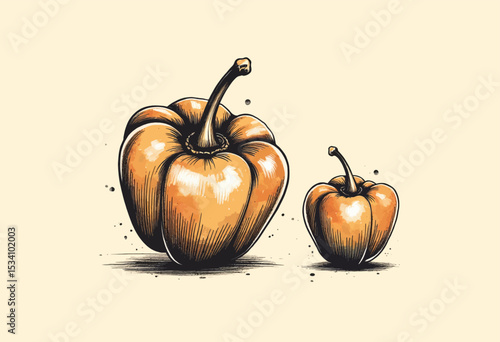 Illustrated Orange Peppers in Autumnal Still Life