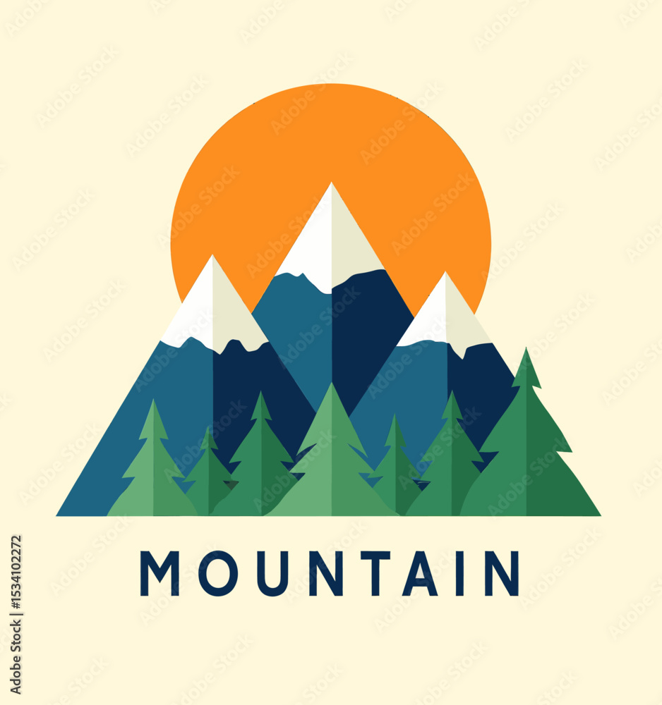 Naklejka premium Mountain Sunset with Pine Trees and Orange Sky