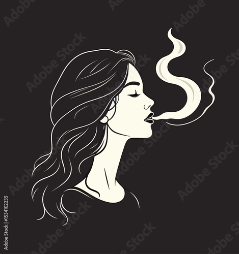 Minimalist Woman Exhaling Smoke on Dark Background