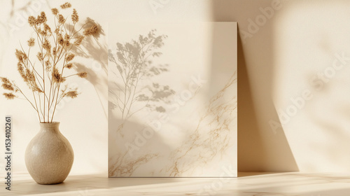 A blank paper sheet card with mockup copy space is styled with dry flowers and marble stone against a neutral beige wall, perfect for a minimal aesthetic business brand or blog.

