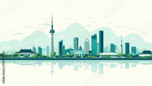 Modern Cityscape by Water at Twilight