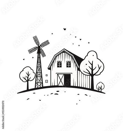 Rustic Farmhouse Windmill Barn Serene Countryside Night