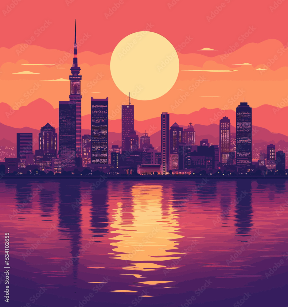 Obraz premium Sunset Cityscape Reflection Serene Waterfront