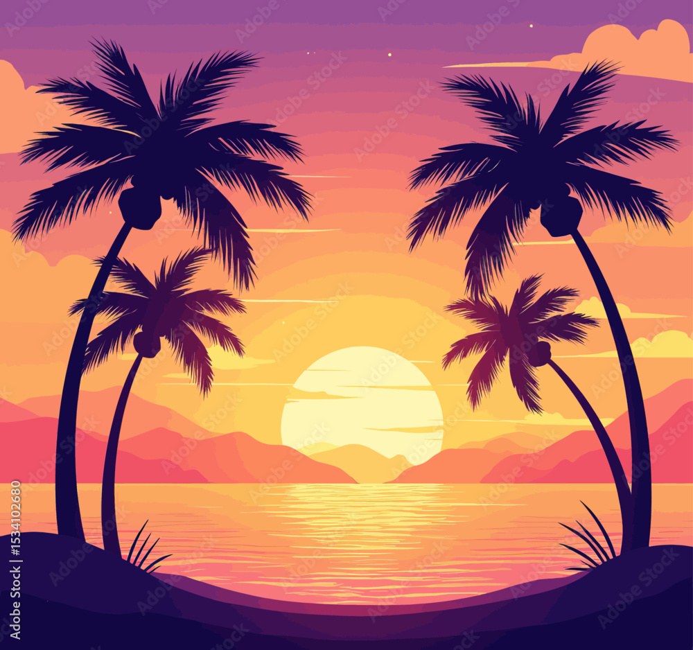 Tropical Sunset Silhouettes: Palm Trees and Calm Seas Tropical Sunset Silhouettes: Palm Trees and Calm Seas