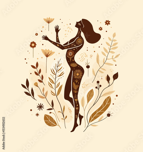 Silhouetted Woman Embracing Nature: Autumnal Florals and Leaves
