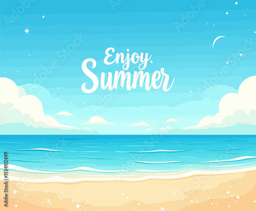 Summer Beach Serenity: Calm Ocean, Sandy Shores, Cloudy Sky