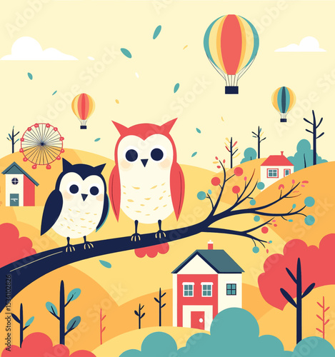 Whimsical Owls on Branch in Autumnal Village