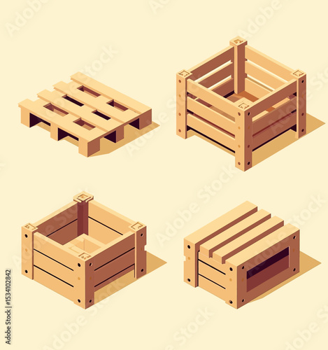 Wooden Crates and Pallets in Isometric Design