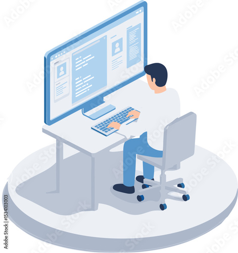 Man coding on desktop, software developer at workstation, writing programming code, IT professional setup, computer engineer workspace, digital development concept
 flat vector illustration