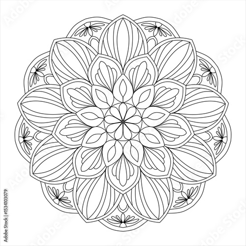 Floral Mandala Coloring Page - Elegant Floral Mandala Design for Adult Coloring Book - Beautiful Floral Mandala Pattern with Leaves for Relaxation and Stress Relief
