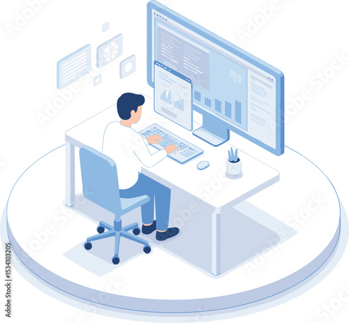 Wallpaper Mural Man analyzing charts on desktop, financial dashboard interface, data analytics workspace, business intelligence software, modern tech workstation, vector office scene

 flat vector illustration Torontodigital.ca
