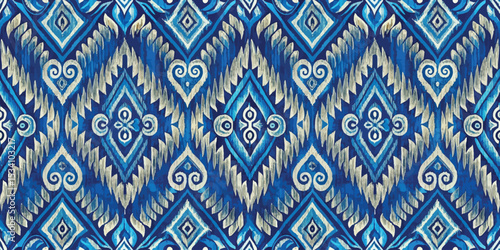 Intricate blue and gold geometric pattern with heart and diamond motifs.