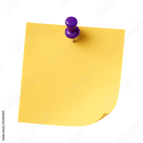Yellow sticky note with pin isolated on transparent background