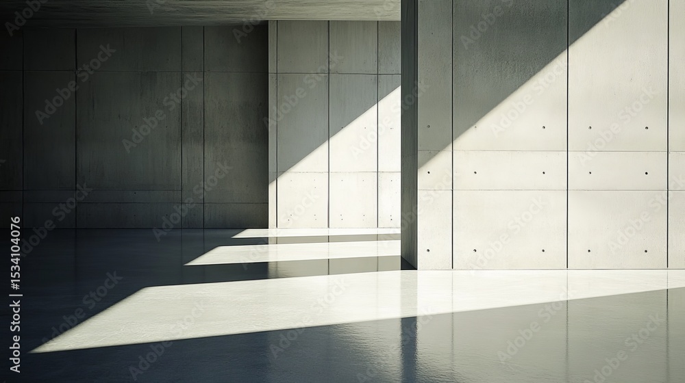 Sunlit minimalist concrete interior space; architectural shadows cast on polished floor Sunlit minimalist concrete interior space; architectural shadows cast on polished floor