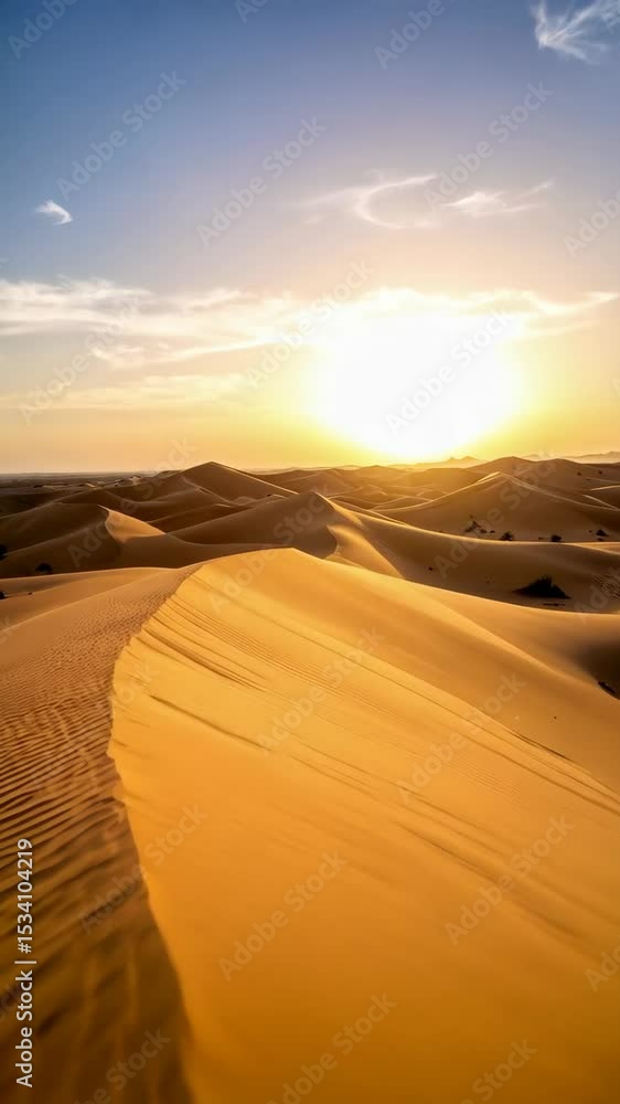 custom made wallpaper toronto digitalScenic desert landscape with rolling golden sand dunes under a bright sunset sky with a few sparse plants, arid climate, serene horizon