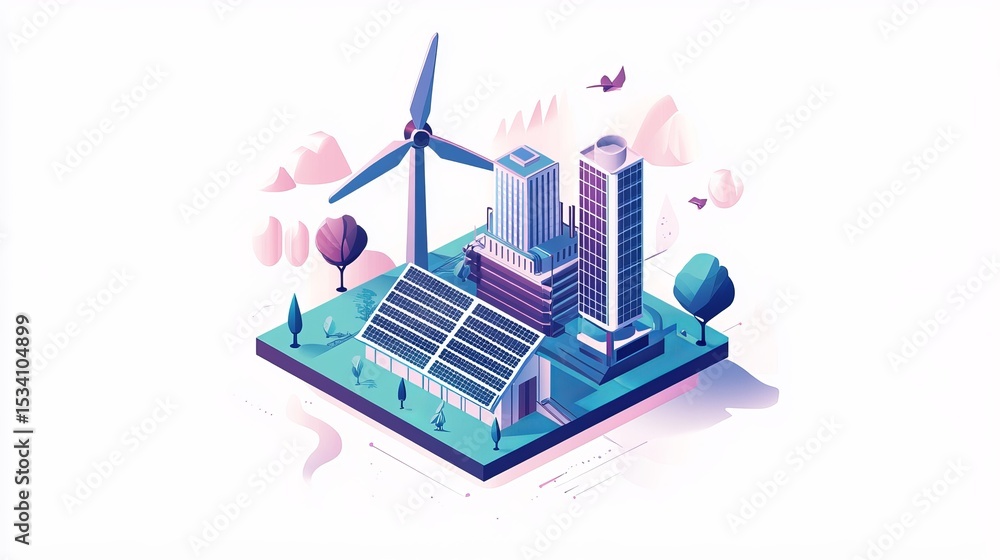Obraz premium Isometric illustration depicting a sustainable city with wind turbines, solar panels, and modern buildings, showcasing clean energy and urban development