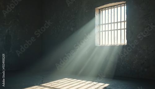 Sunlight breaks through prison bars, symbolizes hope, freedom. Bright light ray shines into dark gaol cell, conceptual metaphor of liberty, justice, redemption. Metaphor for overcoming obstacles.