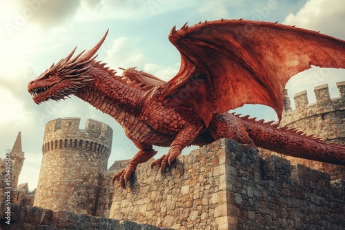 A majestic red dragon perches on castle wall with wings spread wide, captured in bright daylight under soft dramatic clouds