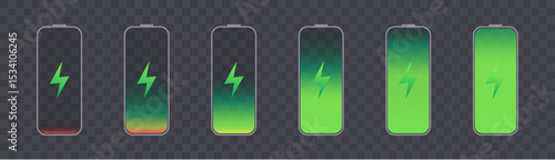 Digital battery icon set with charge level from minimum to maximum. Green interface with lightning, ideal for UI, apps and energy visualization.
