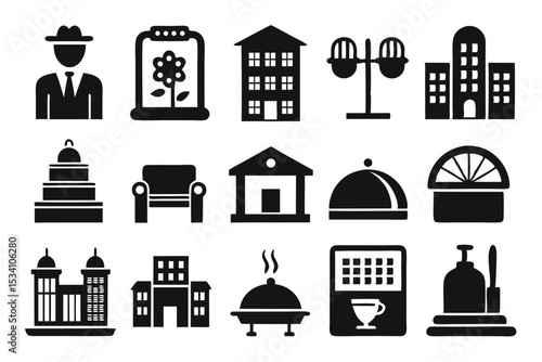 Collection of black iconographic illustrations representing hotel and hospitality related elements