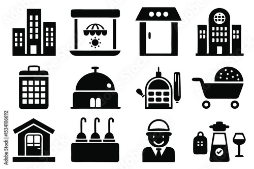 Vector icon set featuring buildings food construction and other business related elements