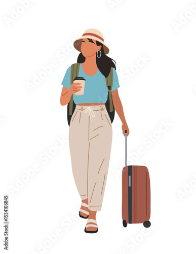Young woman in casual summer outfit and sun hat walking with travel suitcase and takeaway coffee. Stylish female traveler illustration, isolated on transparent background.