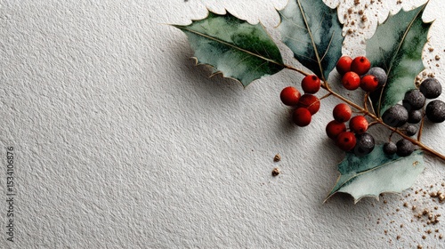 Holly berries and leaves on a textured surface.