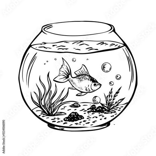 Hand-drawn retro illustration of classic pet fish bowl with stippled shading