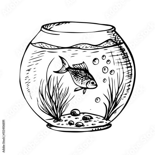 Vintage engraved sketch of fishbowl with goldfish and decorative aquatic plants