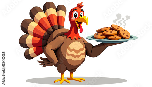 Animated turkey holding a plate of cookies, the concept of Thanksgiving holiday