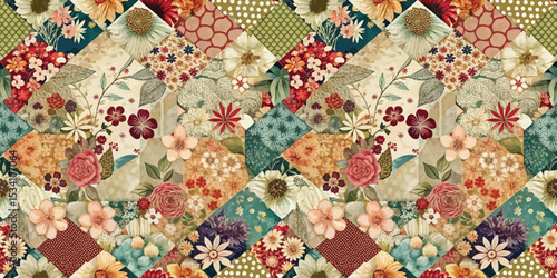 Colorful floral patchwork design featuring vibrant flowers and patterns.