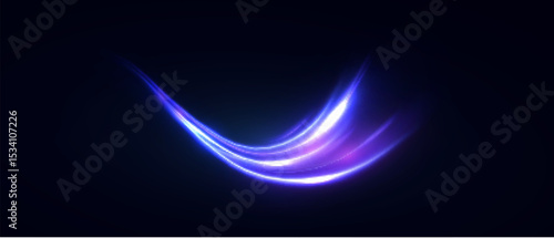 Futuristic arc of light with ultraviolet glow. Energetic light flow on black background in sci-fi style.
