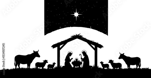 The Nativity. Silhouette of the Holy Family in the stable during the starry night. Digital illustration.
