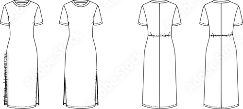 womens short sleeve crew neck midi dress with side slit fashion flat sketch vector illustration fluid jersey dress front and back view technical cad drawing template