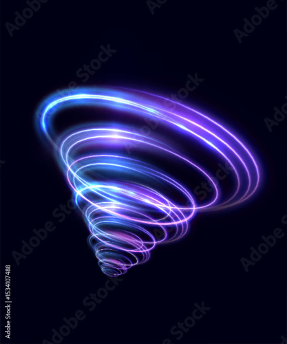 Futuristic neon swirl of blue and purple light rings with motion and depth effect. Used as a speed, portal or teleport element in technological or fantasy designs.