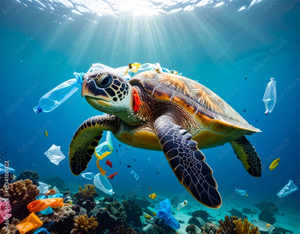 Fototapeta premium Sea turtle trapped in ocean plastic waste, swimming above coral reef. A strong message for marine conservation and plastic pollution awareness,international plastic bag free day