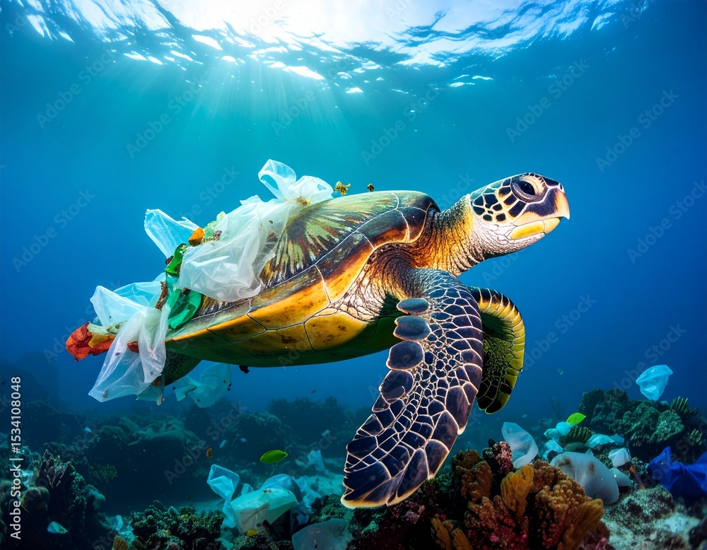 Fototapeta premium Sea turtle trapped in ocean plastic waste, swimming above coral reef. A strong message for marine conservation and plastic pollution awareness,international plastic bag free day