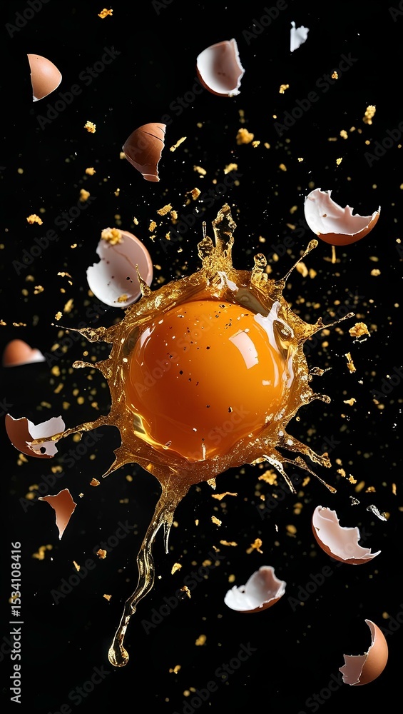 Fototapeta premium Exploding brown egg, yolk splatter, shell fragments, golden dust.