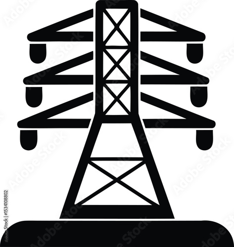 Electric transmission tower – vector silhouette of powerline utility structure with short base