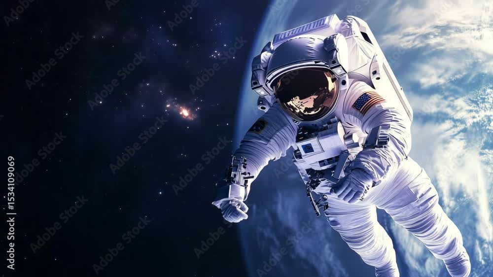 An astronaut performs a spacewalk in low Earth orbit while Earth hovers in the background under a starry sky An astronaut performs a spacewalk in low Earth orbit while Earth hovers in the background under a starry sky