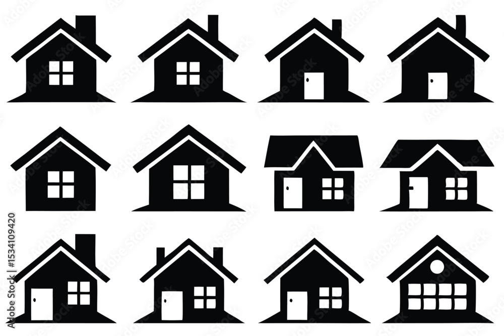 Fototapeta premium Black and white house icon set representing different architectural styles and designs