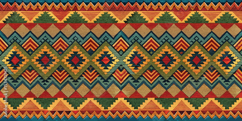 A vibrant geometric pattern featuring colorful diamonds and zigzags in earthy tones.