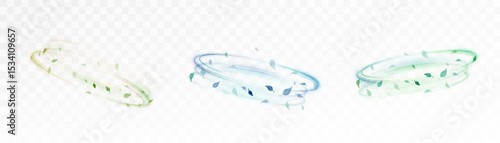 Swirling green and blue light trails with falling leaves on transparent background. Dynamic eco energy streams with motion effect for nature themes, organic design, or clean air concepts.


