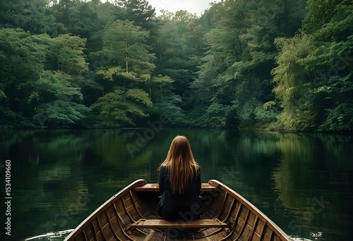 Person in a Boat on a Serene Lake.The concept of a calm mind through peace, relaxation and freedom.