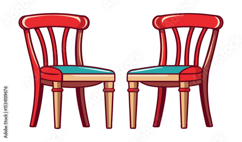 Photo of two vintage red chairs with teal cushions sit invitingly isolated on white background